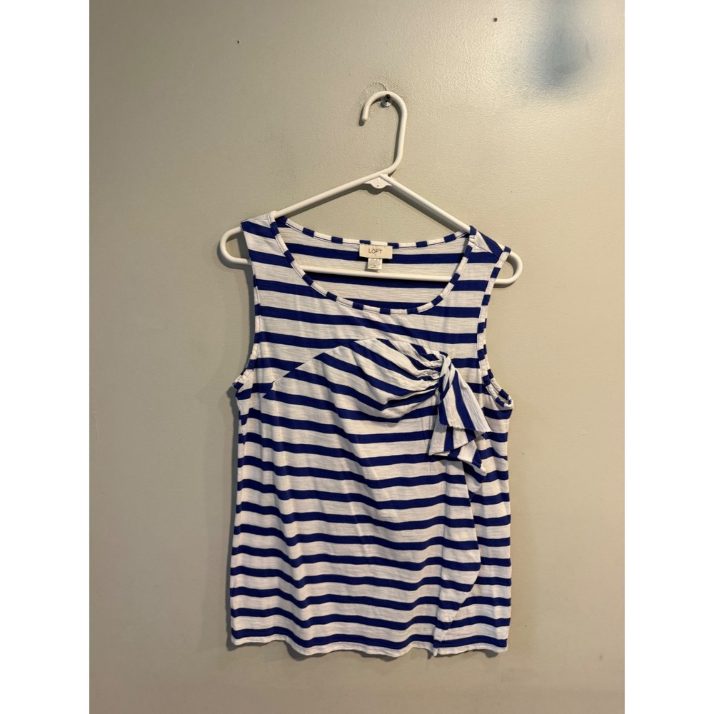 LOFT Womens Navy Blue White Striped Sleeveless Top Ruffle Knot Detail Medium